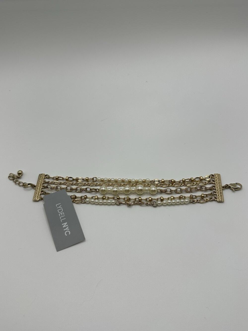 NWT LYDELL NYC Gold Tone Multi Strand Chain Bracelet With Acrylic Pearls Size 8